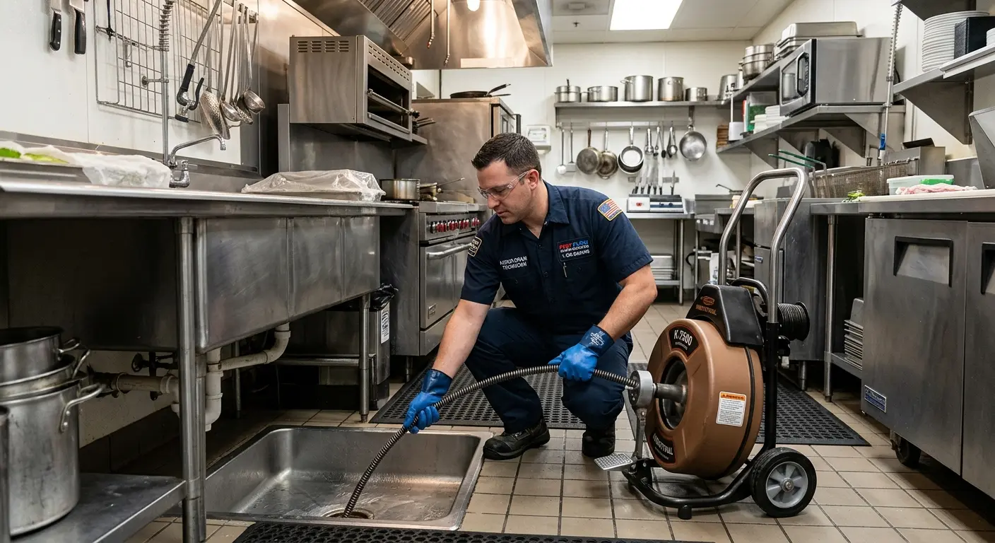 Commercial drain cleaning service in a restaurant kitchen in Worth