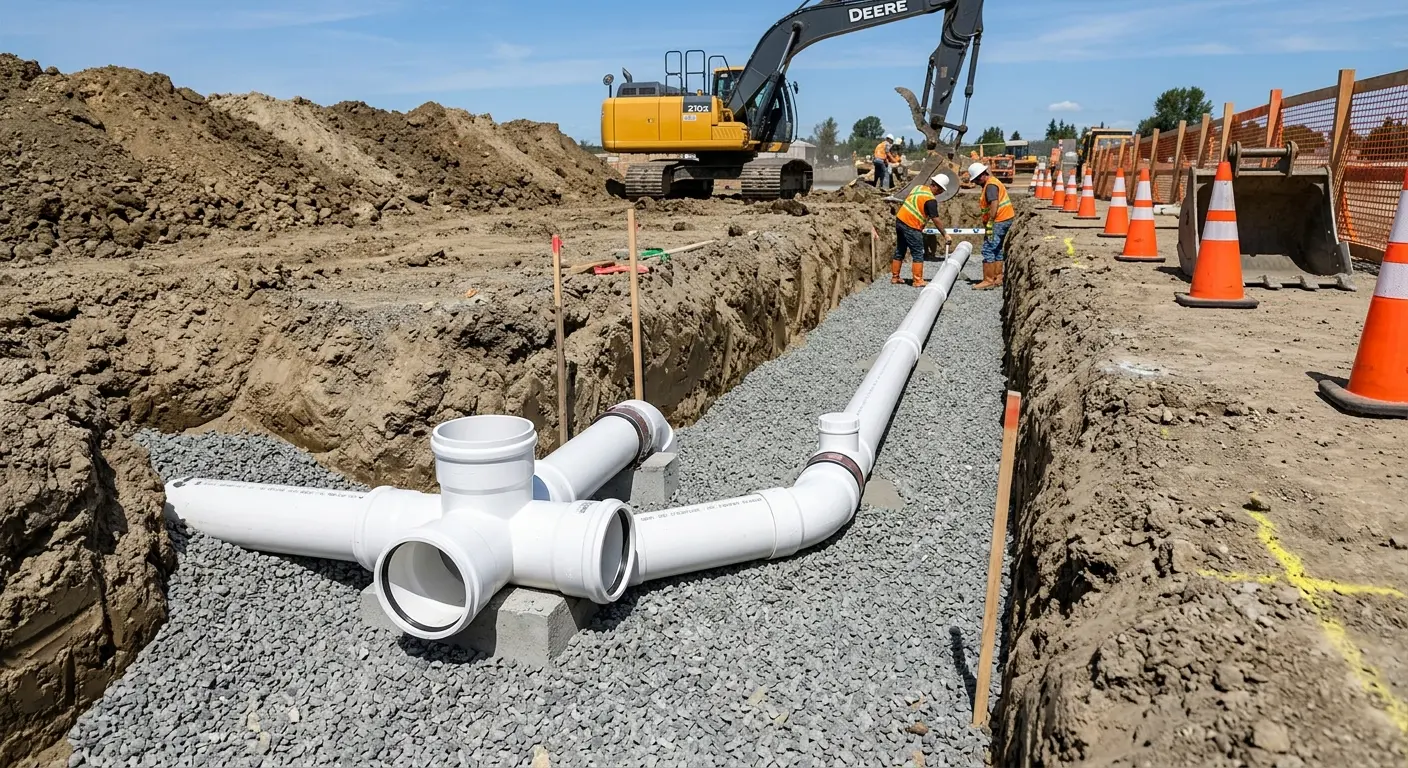 New PVC sewer pipe installation in open trench for Commercial Drain Cleaning in Worth