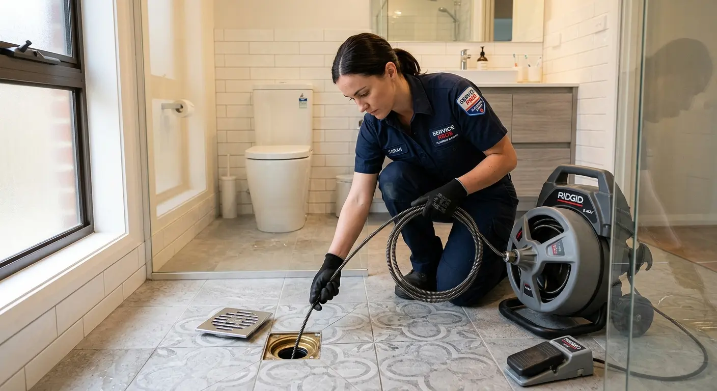 Technician clearing a bathroom floor drain for Sewer Line Replacement in Worth